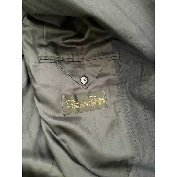 Oscar De La Renta Mens Navy Blue Plaid Two Button Blazer Traveler Worsted 44L - Picture 5 of 10